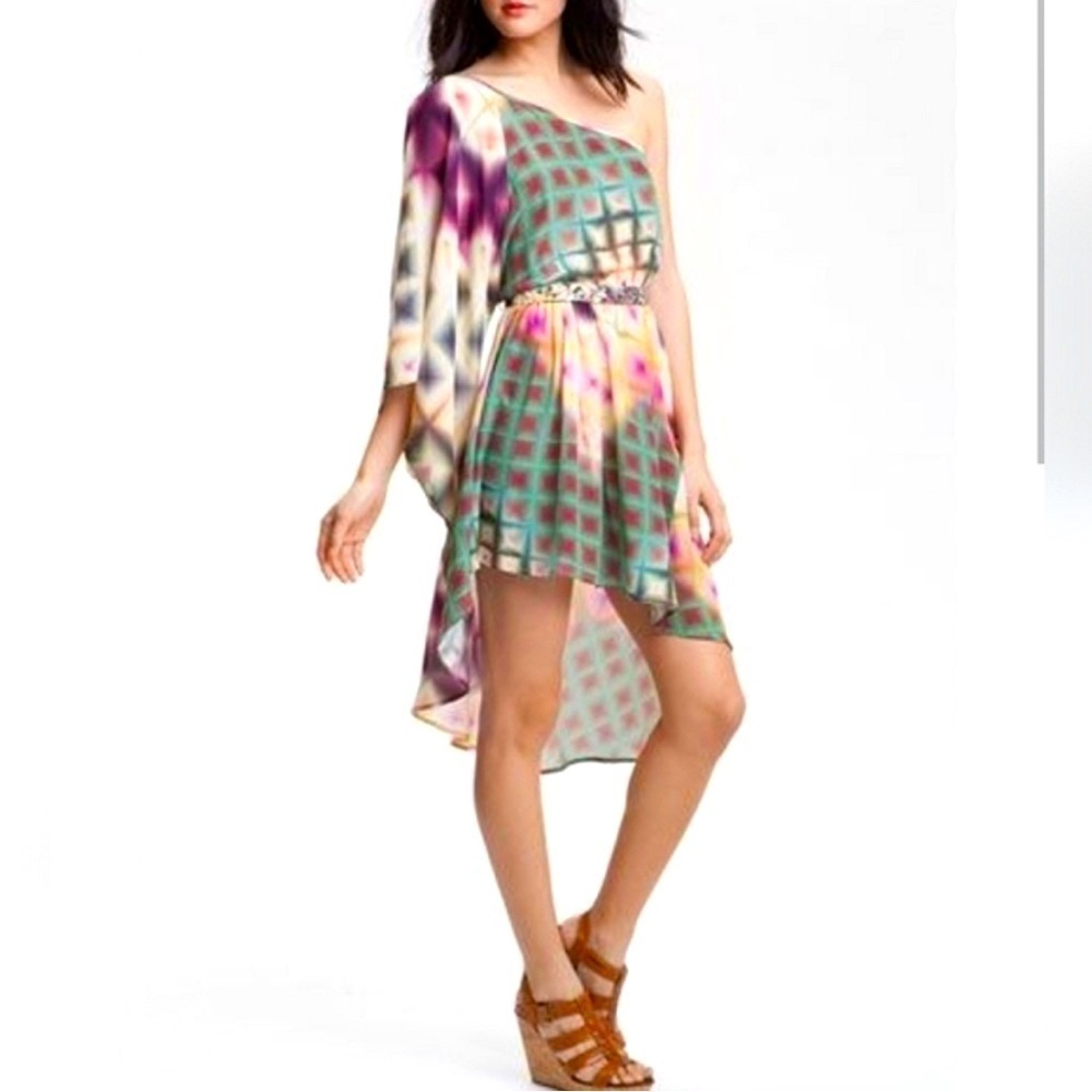 Charlie Jade One Shoulder butterfly Watercolor Pixel Cascade Dress belt Silk S